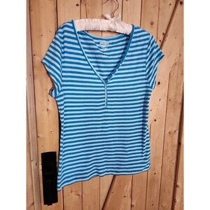 OLD NAVY Perfect Henley Shirt Women's XL Aqua stripe short sleeve V Neck Y2K